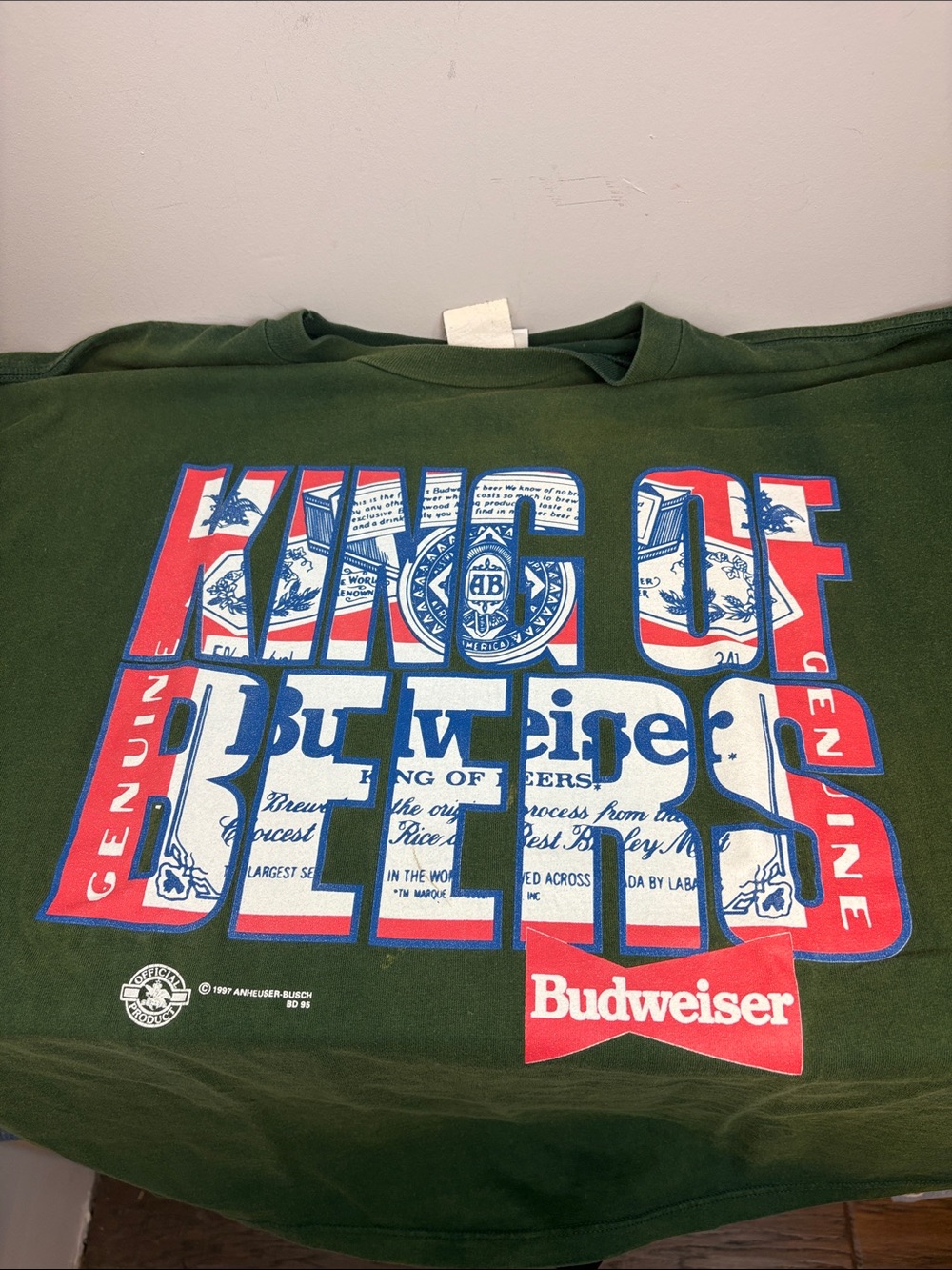 Vintage 97 Budweiser Green Short-Sleeve Tee with Red, White & Blue Logo